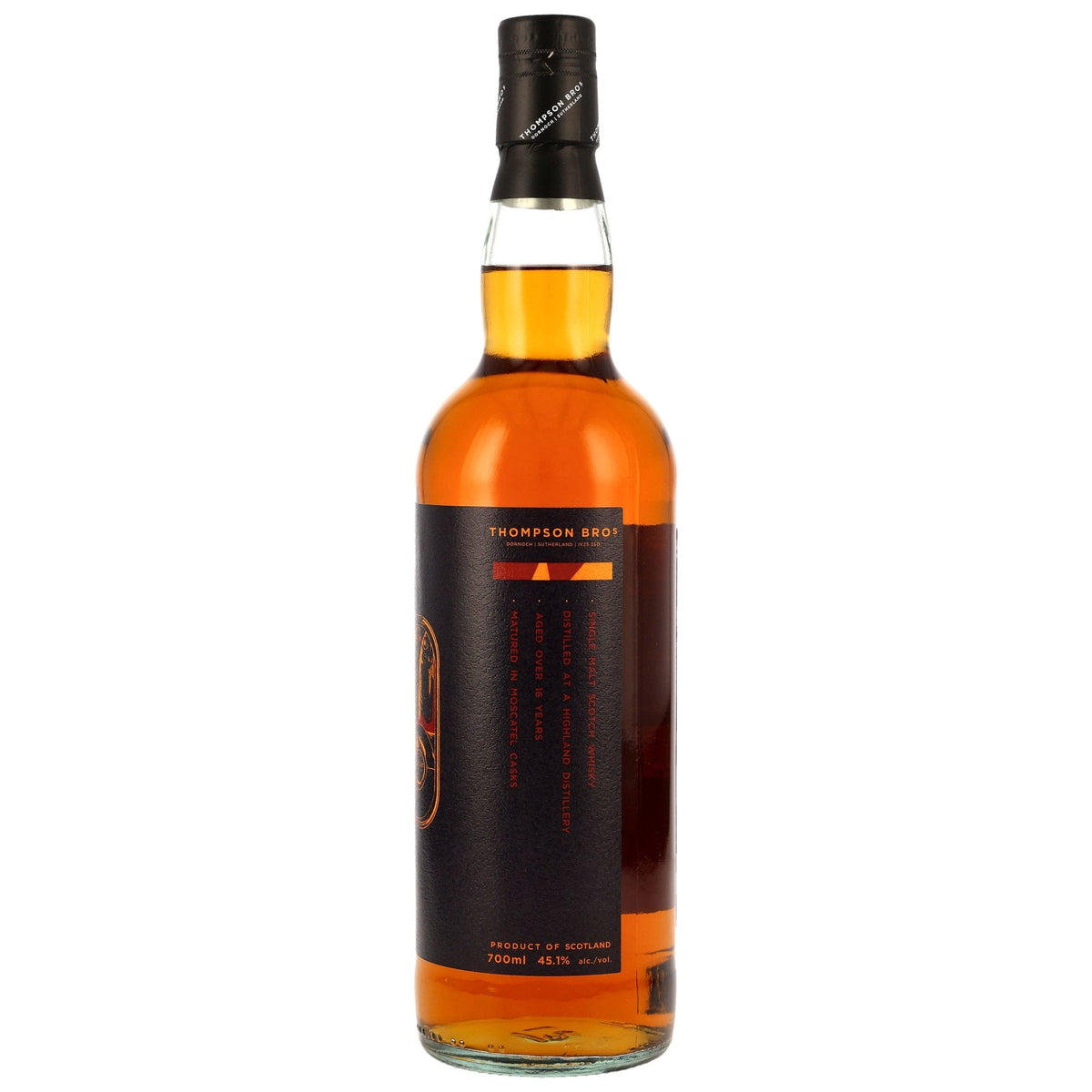 Schwarzbach Spirits Thompson Bros. 16 Jahre Highland Single Malt Whisky mit kupferner Farbe und schwarzem Etikett