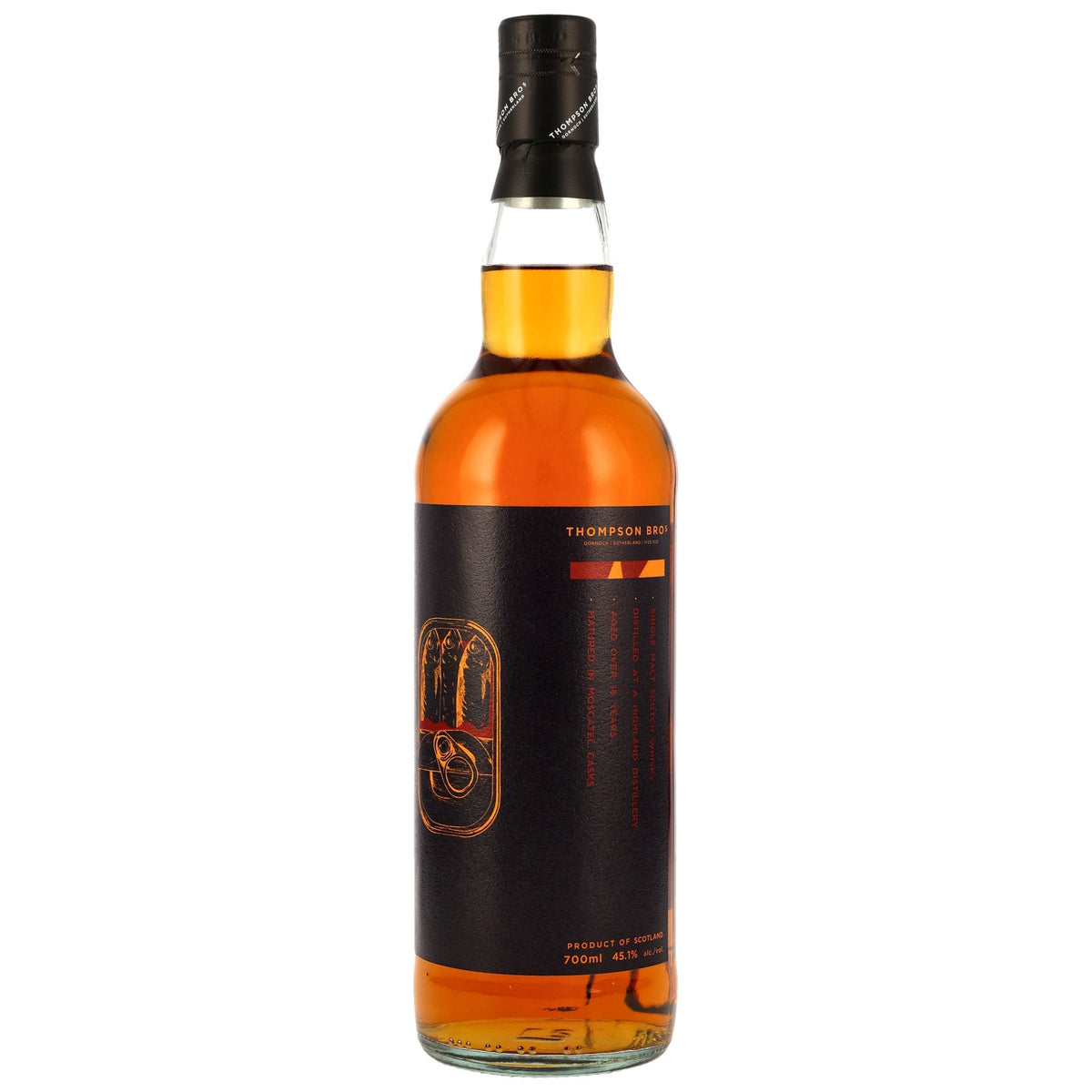 Schwarzbach Spirits Thompson Bros. 16 Jahre Highland Single Malt Whisky mit kupferner Farbe und Sardinen-Etikett