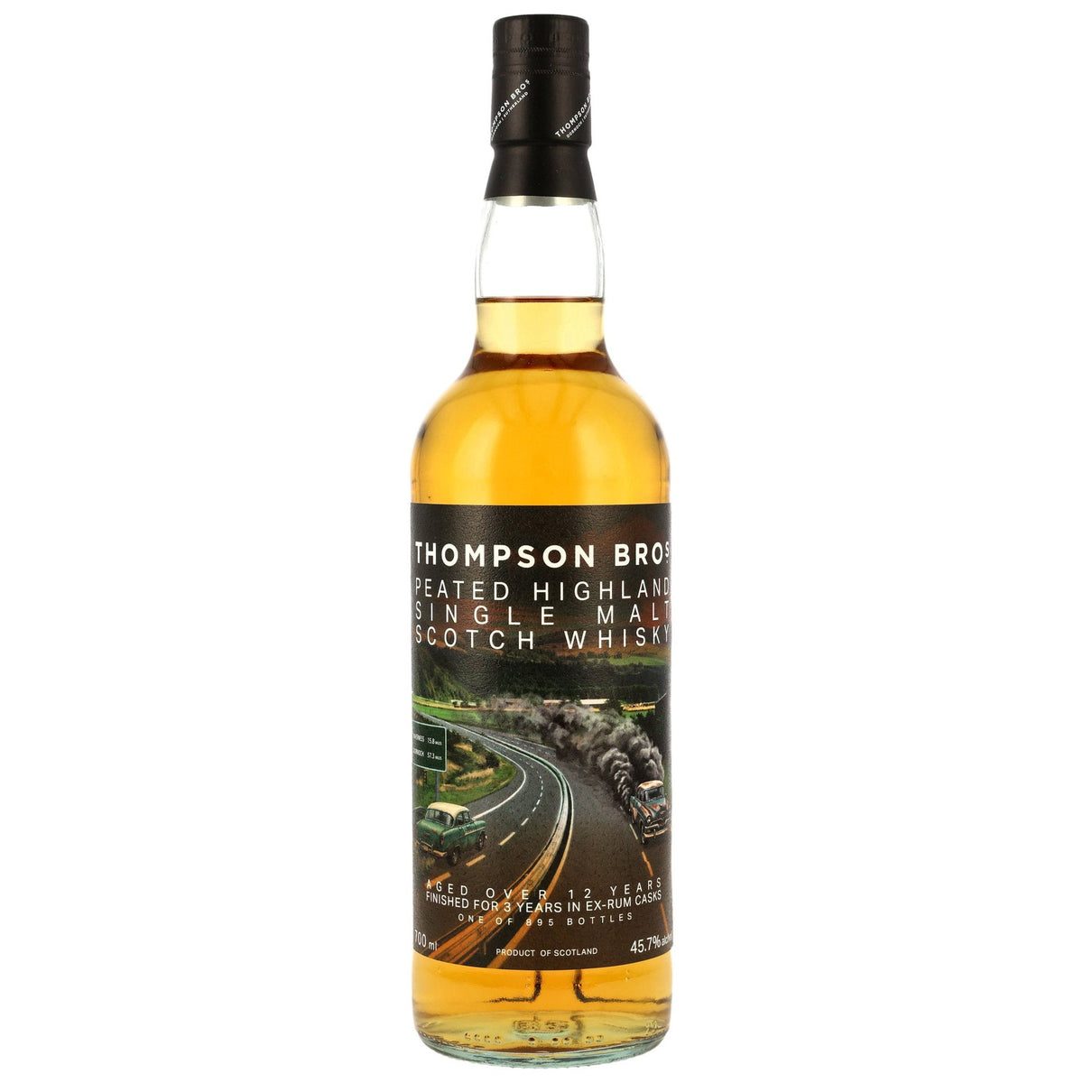 Schwarzbach Spirits Thompson Bros. 12 Jahre Peated Highland Single Malt Whisky mit Rumfass-Finish in der Flasche