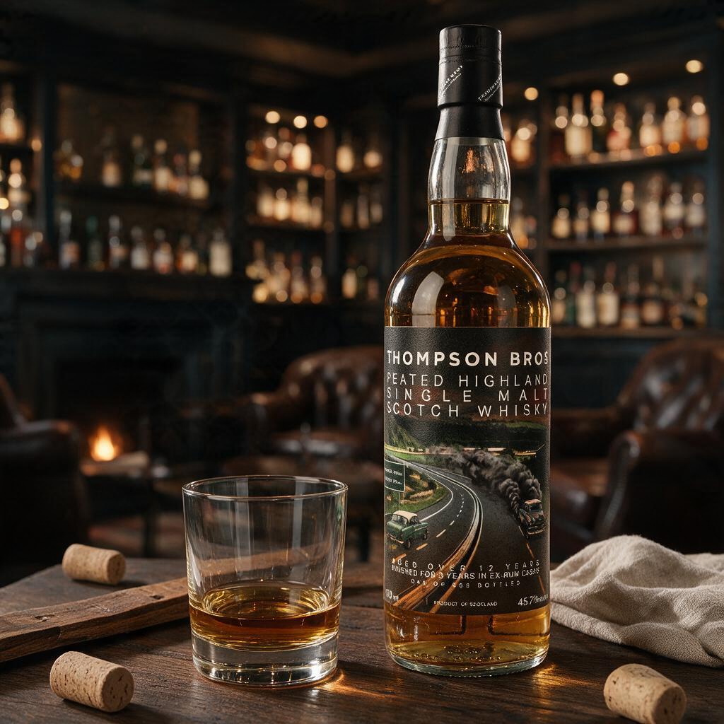 Schwarzbach Spirits Thompson Bros. 12 Jahre Peated Highland Single Malt Whisky mit Glas auf einem Holztisch