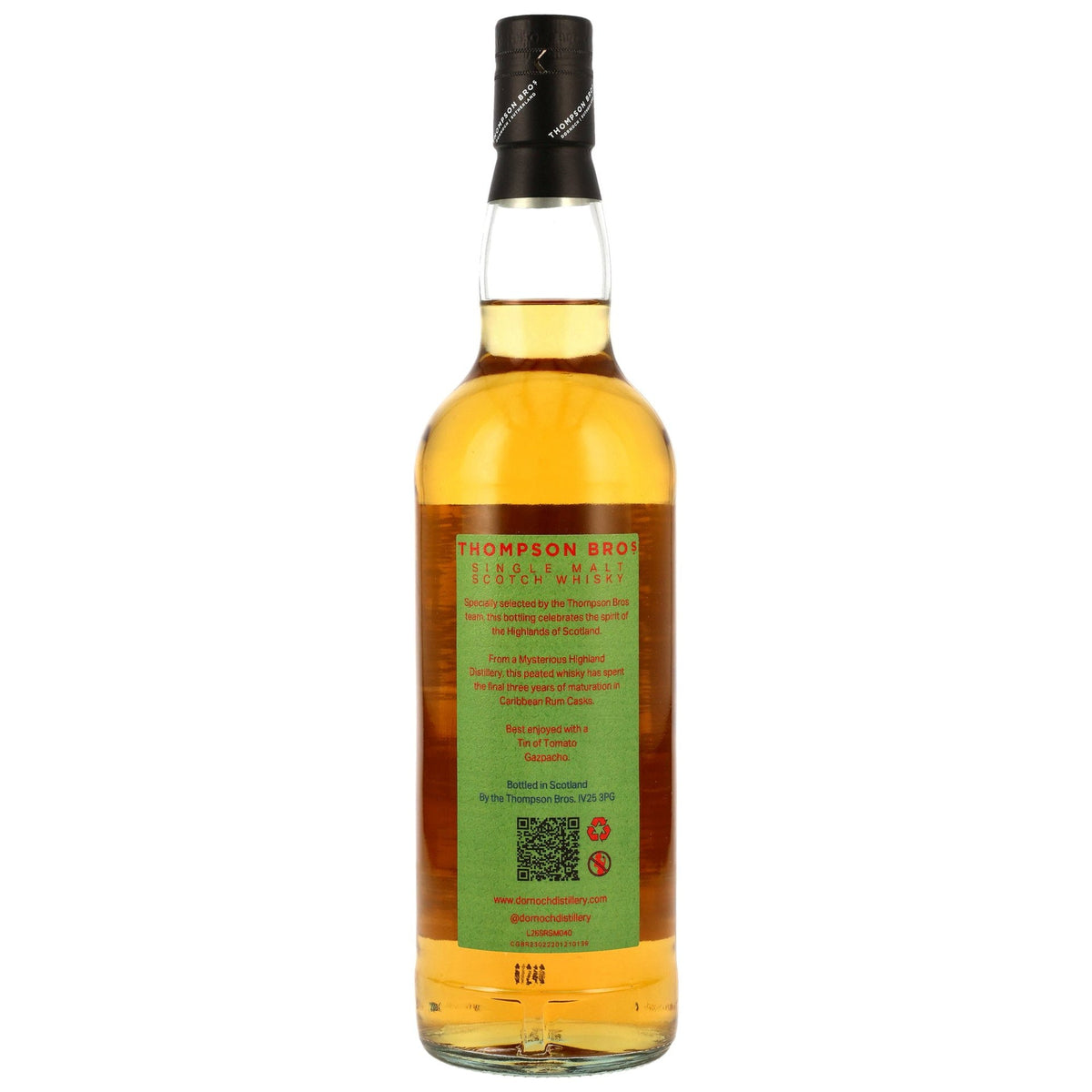 Schwarzbach Spirits Thompson Bros. Highland Single Malt 12 Jahre Whisky Flaschenrückseite mit Etikett