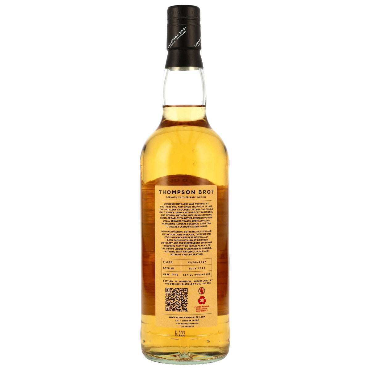 Schwarzbach Spirits Thompson Bros. Highland Single Malt 19 Jahre Whisky Flaschenrückseite mit detailliertem Etikett