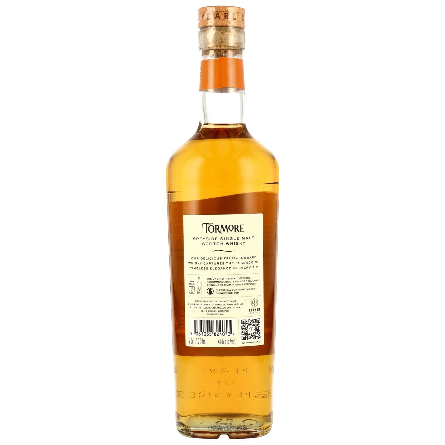 Schwarzbach Spirits Tormore 12 Jahre Speyside Single Malt Whisky Flaschenrückseite mit Etikett und Korkverschluss