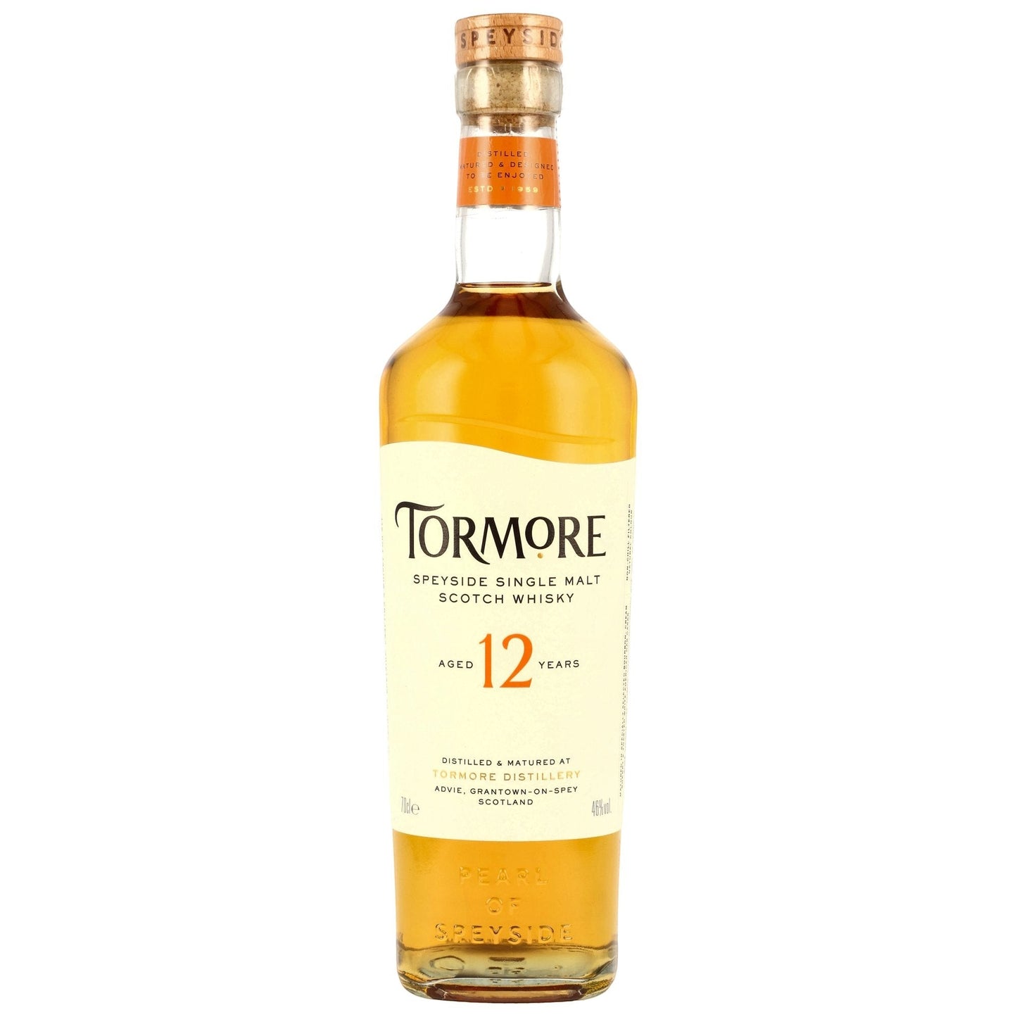 Schwarzbach Spirits Tormore 12 Jahre Speyside Single Malt Whisky in einer eleganten Glasflasche mit Korkverschluss