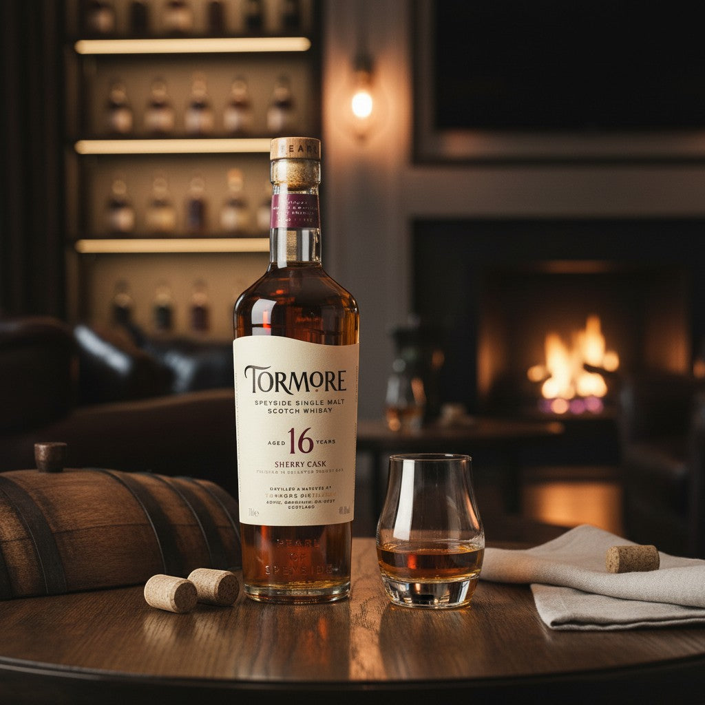 Schwarzbach Spirits Tormore 16 Jahre Single Malt Whisky Flasche mit Glas auf Holztisch vor einem Kamin