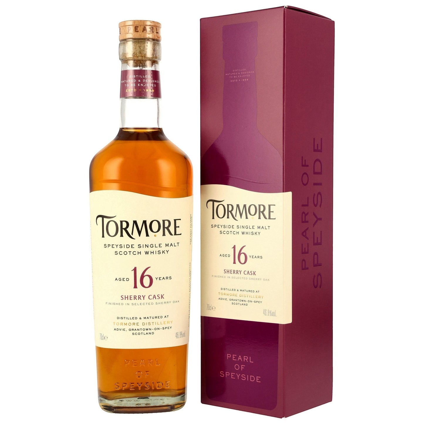 Schwarzbach Spirits Tormore 16 Jahre Single Malt Whisky Flasche mit dunkler Geschenkverpackung und Sherryfass-Finish