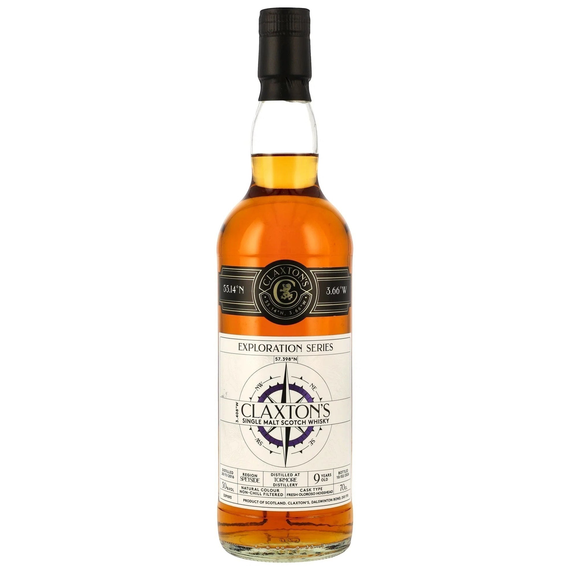 Schwarzbach Spirits Tormore 9 Year Old single malt Scotch whisky in a clear glass bottle with a black cap. The amber liquid has a compass design on the label.