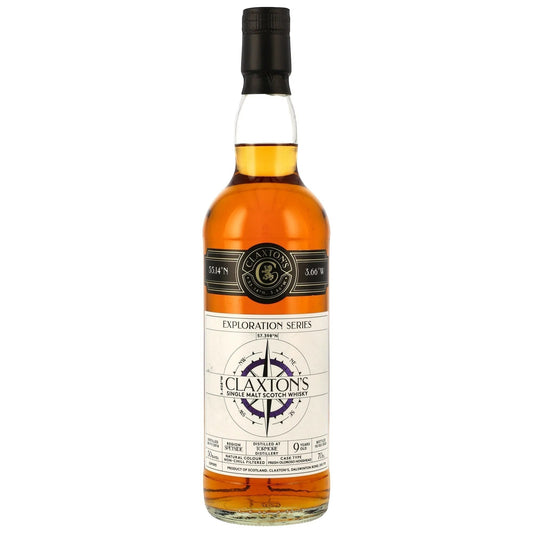Schwarzbach Spirits Tormore 9 Year Old single malt Scotch whisky in a clear glass bottle with a black cap. The amber liquid has a compass design on the label.