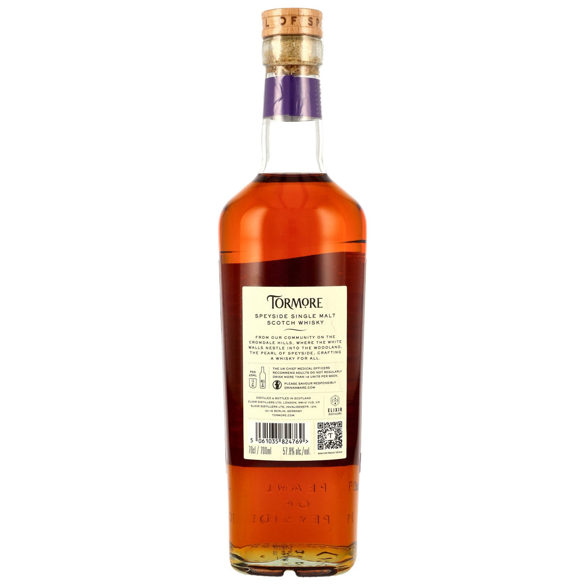 Schwarzbach Spirits Tormore 12 Jahre Single Malt Whisky Flaschenrückseite mit Etikett und Informationen