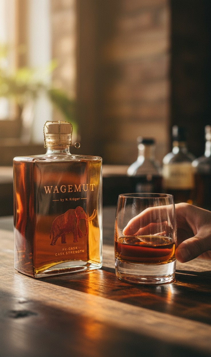 Schwarzbach Spirits WAGEMUT PX Cask Strength Rum mit 58,7% Vol. in einer orangefarbenen Flasche mit Mammut-Illustration.