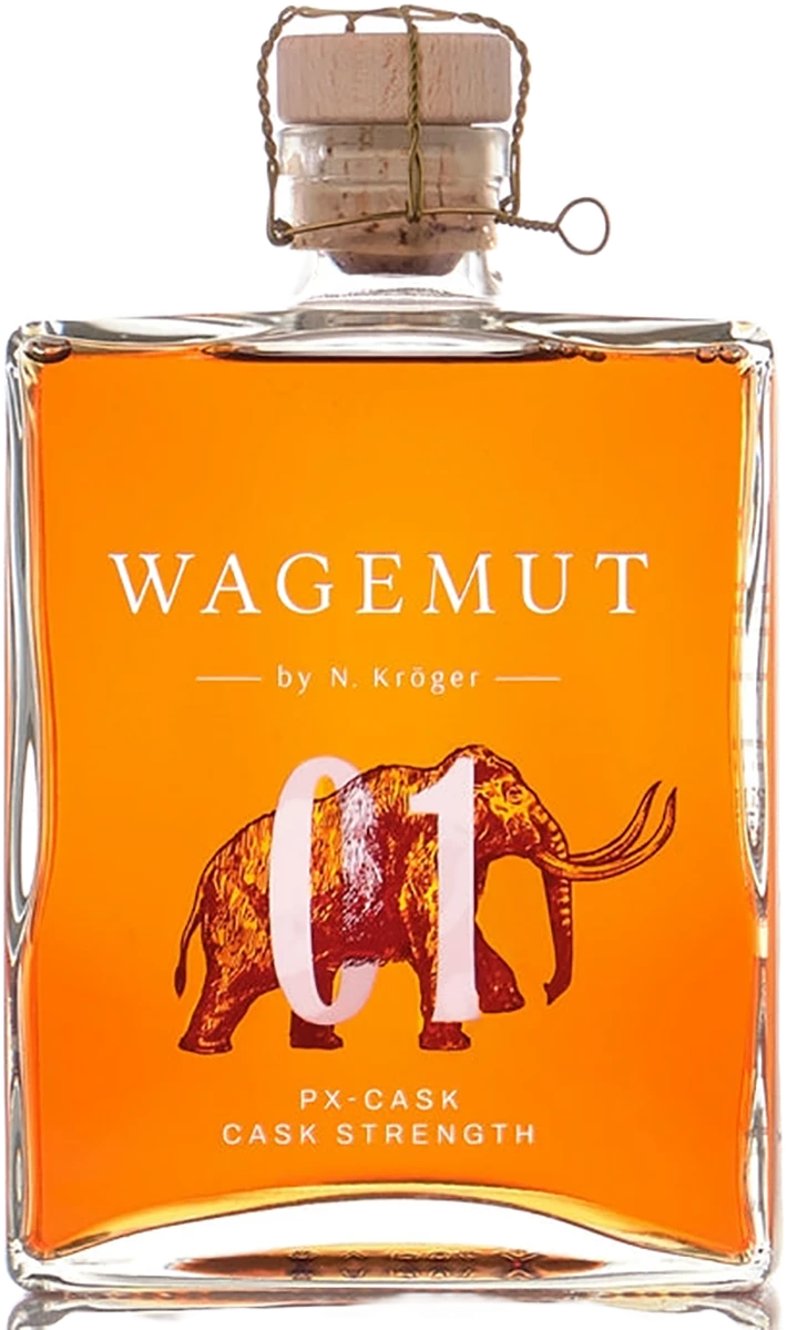 Schwarzbach Spirits WAGEMUT PX Cask Strength Rum, 58,7% Vol., mit Mammut-Motiv und C1-Aufdruck, bernsteinfarben