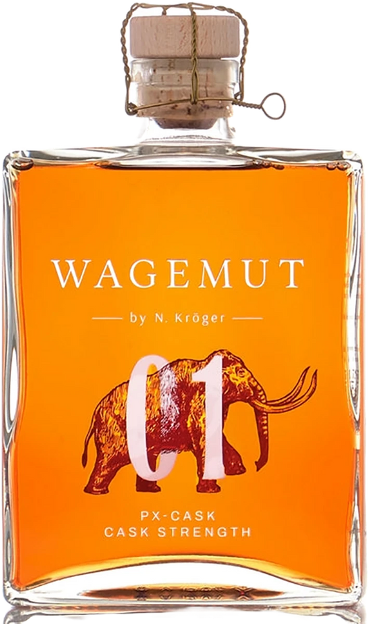 Schwarzbach Spirits WAGEMUT PX Cask Strength Rum, 58,7% Vol., mit Mammut-Motiv und C1-Aufdruck, bernsteinfarben