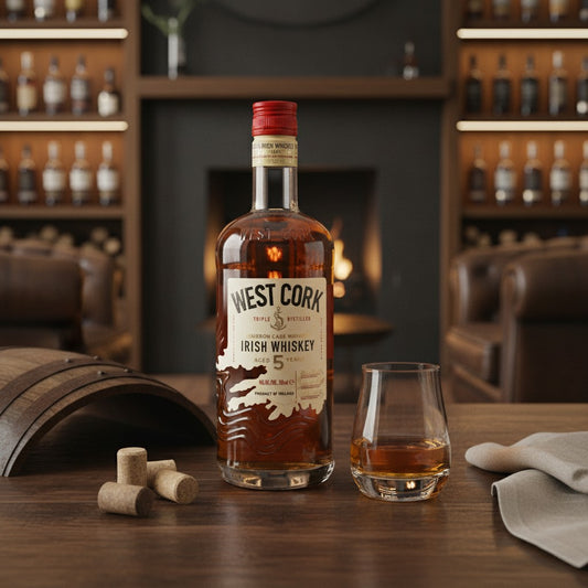 Schwarzbach Spirits West Cork 5 Year Old Irish Whiskey bottle with a glass on a wooden table in a cozy lounge.