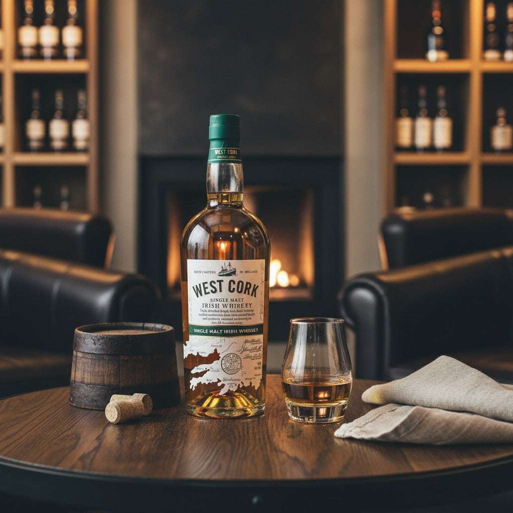 Schwarzbach Spirits West Cork Single Malt Irish Whiskey bottle with a glass on a wooden table in a cozy lounge.