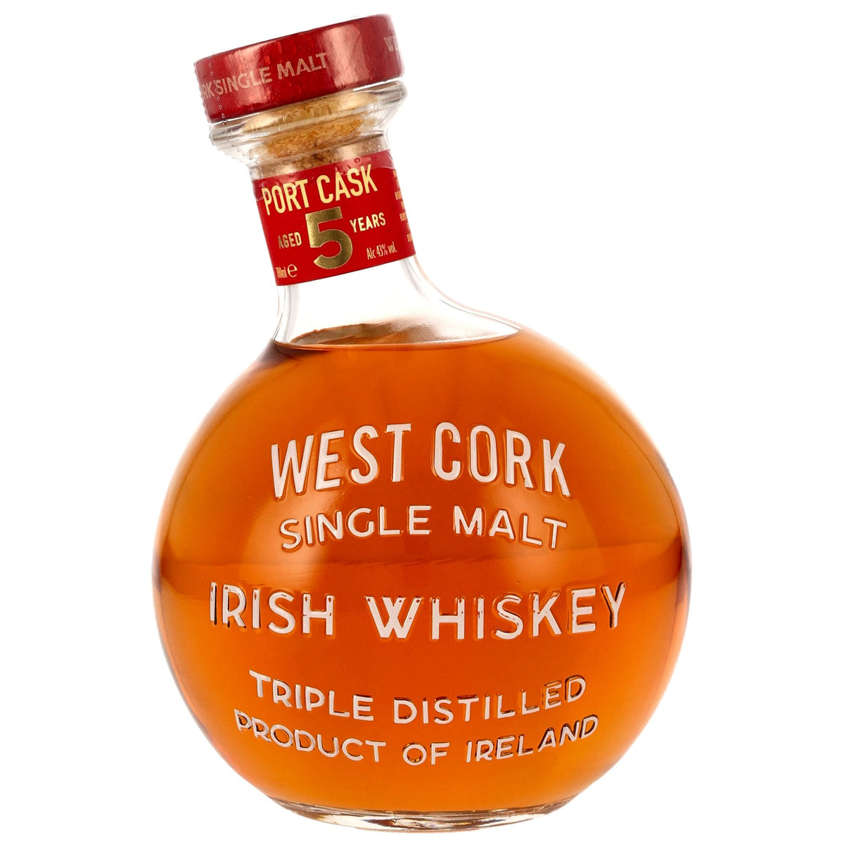 Schwarzbach Spirits West Cork Maritime 5 Jahre Port Cask Irish Whiskey in runder Flasche mit rotem Etikett