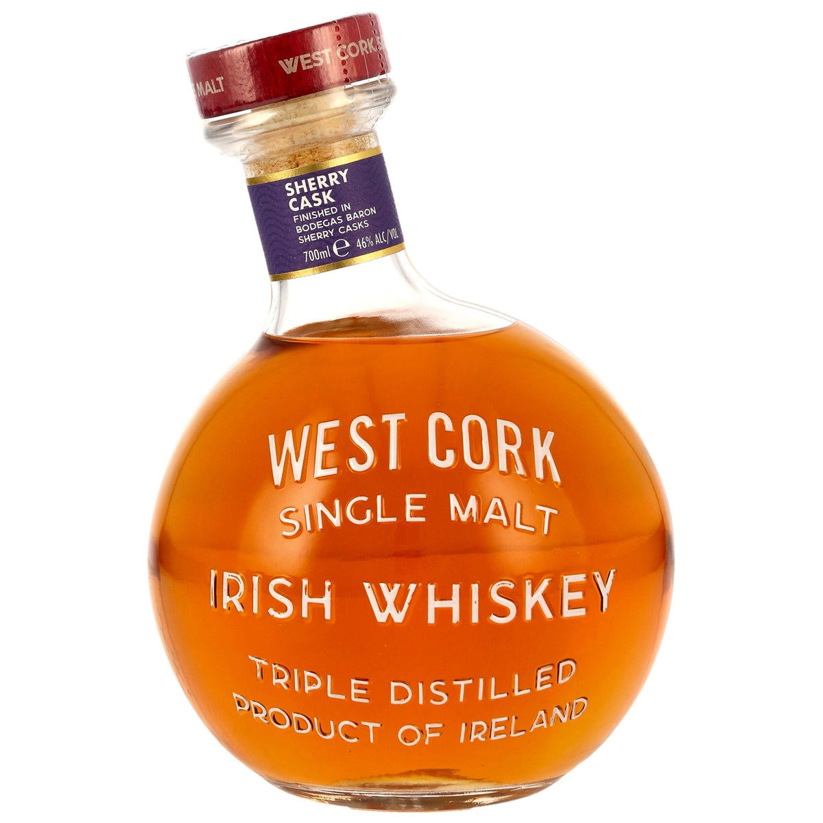 Schwarzbach Spirits West Cork Maritime Sherry Cask Irish Whiskey in a round glass bottle with amber liquid.