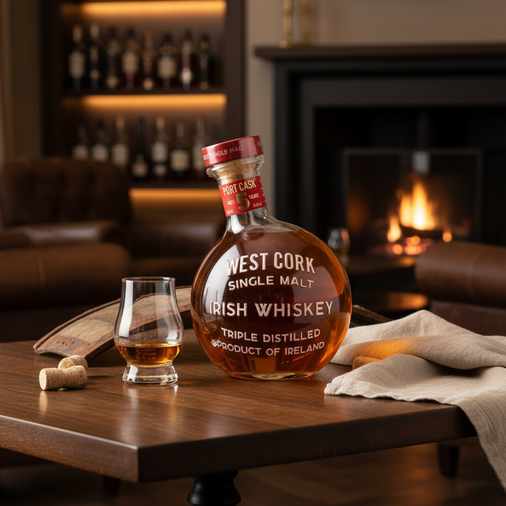 Schwarzbach Spirits West Cork Maritime 5 Jahre Port Cask Whiskey Flasche mit Glas auf einem Holztisch vor Kamin