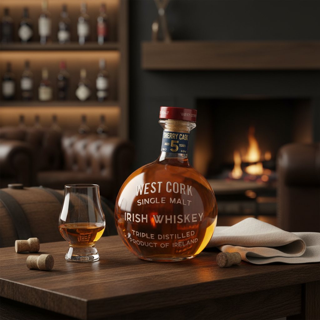 Schwarzbach Spirits West Cork Maritime 5 Jahre Sherry Cask Whiskey Flasche mit Glas auf einem Holztisch vor Kamin