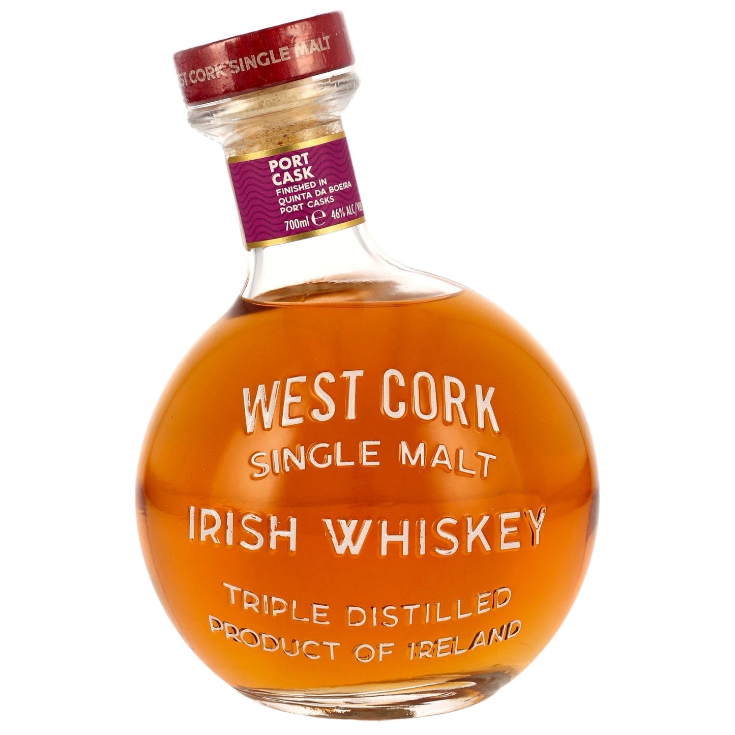 Schwarzbach Spirits West Cork Maritime Port Cask Irish Whiskey in a unique round bottle with amber liquid.