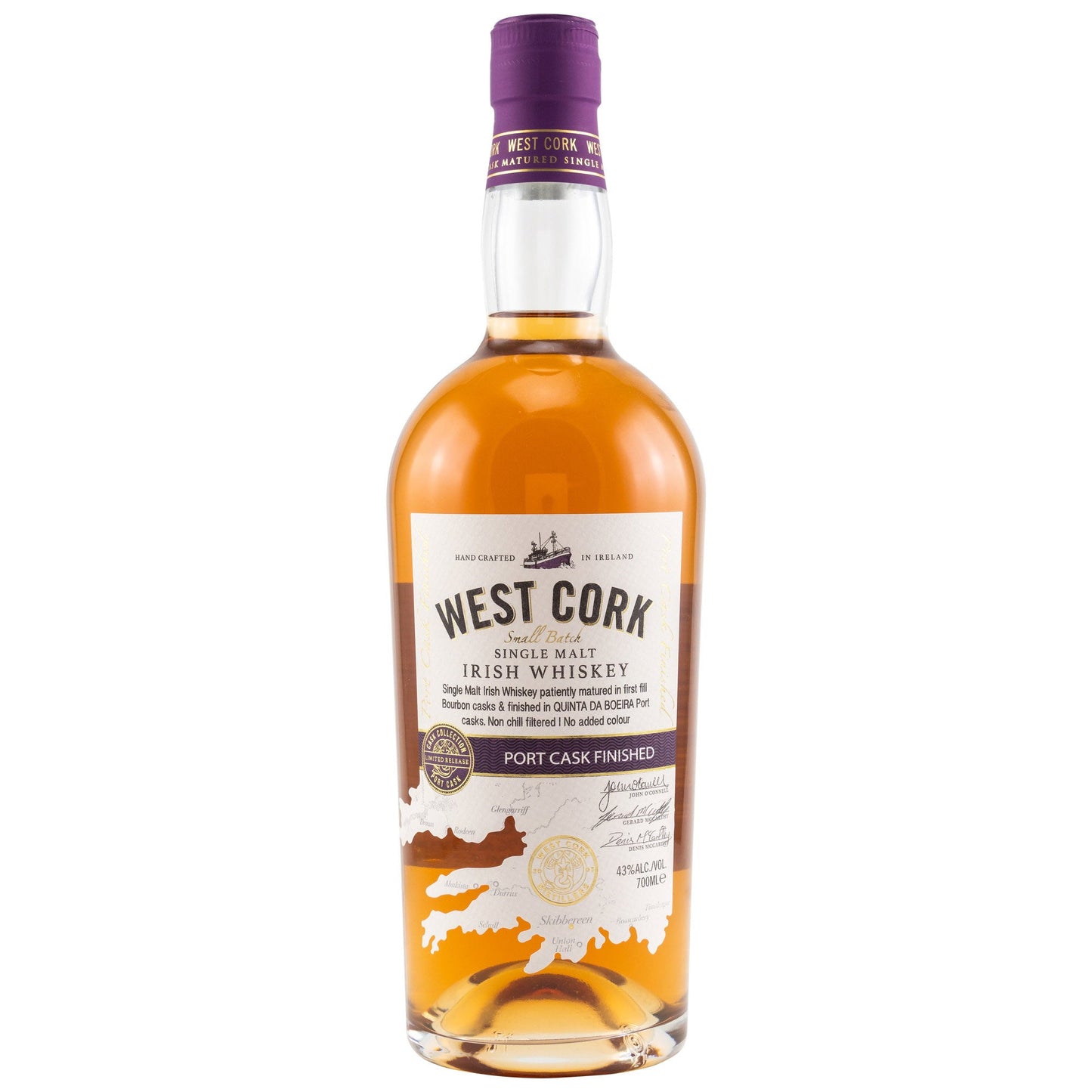 Schwarzbach Spirits West Cork Single Malt Irish Whiskey with a Port cask finish in a clear glass bottle.