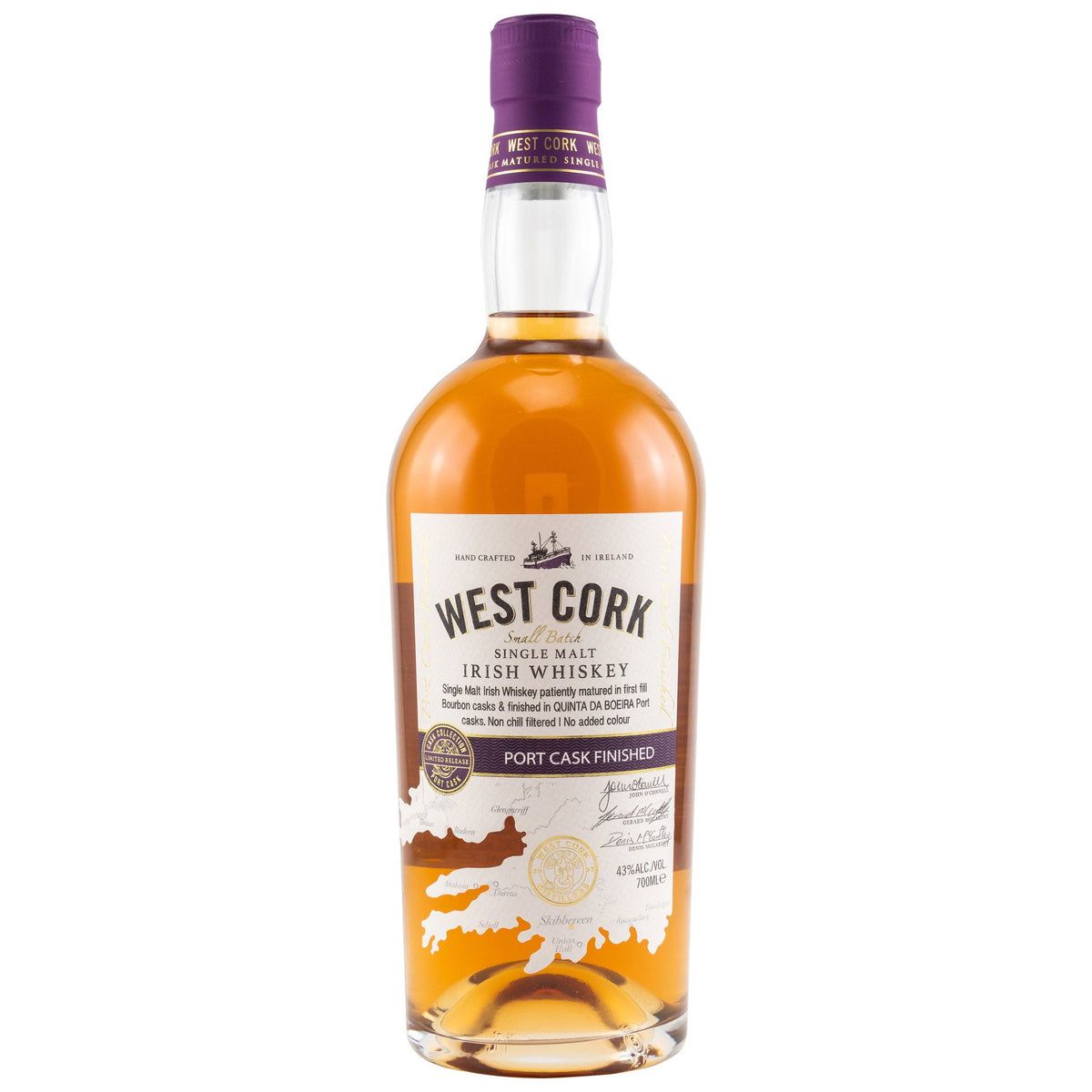 Schwarzbach Spirits West Cork Single Malt Irish Whiskey with a Port cask finish in a clear glass bottle.