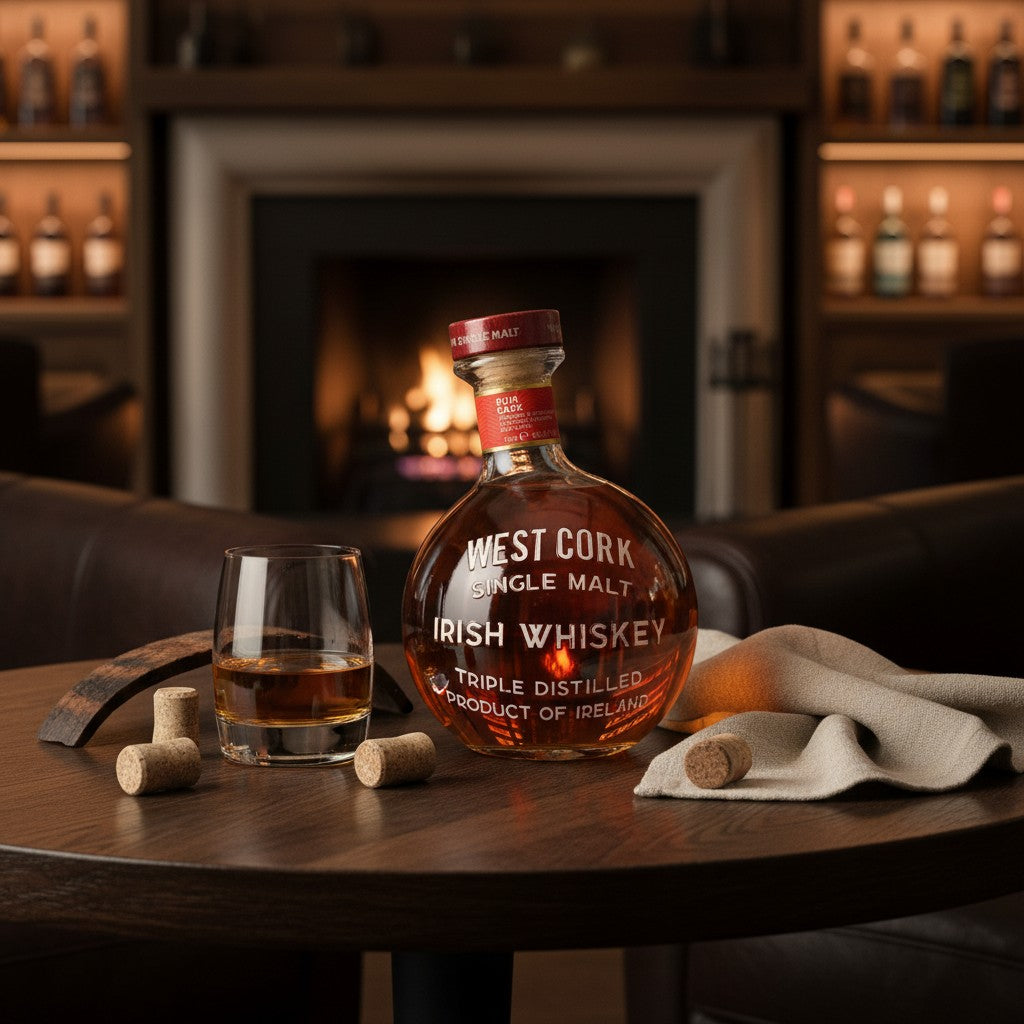 Schwarzbach Spirits bottle of West Cork Maritime Rum Cask Irish Whiskey with a glass on a wooden table by a fireplace.