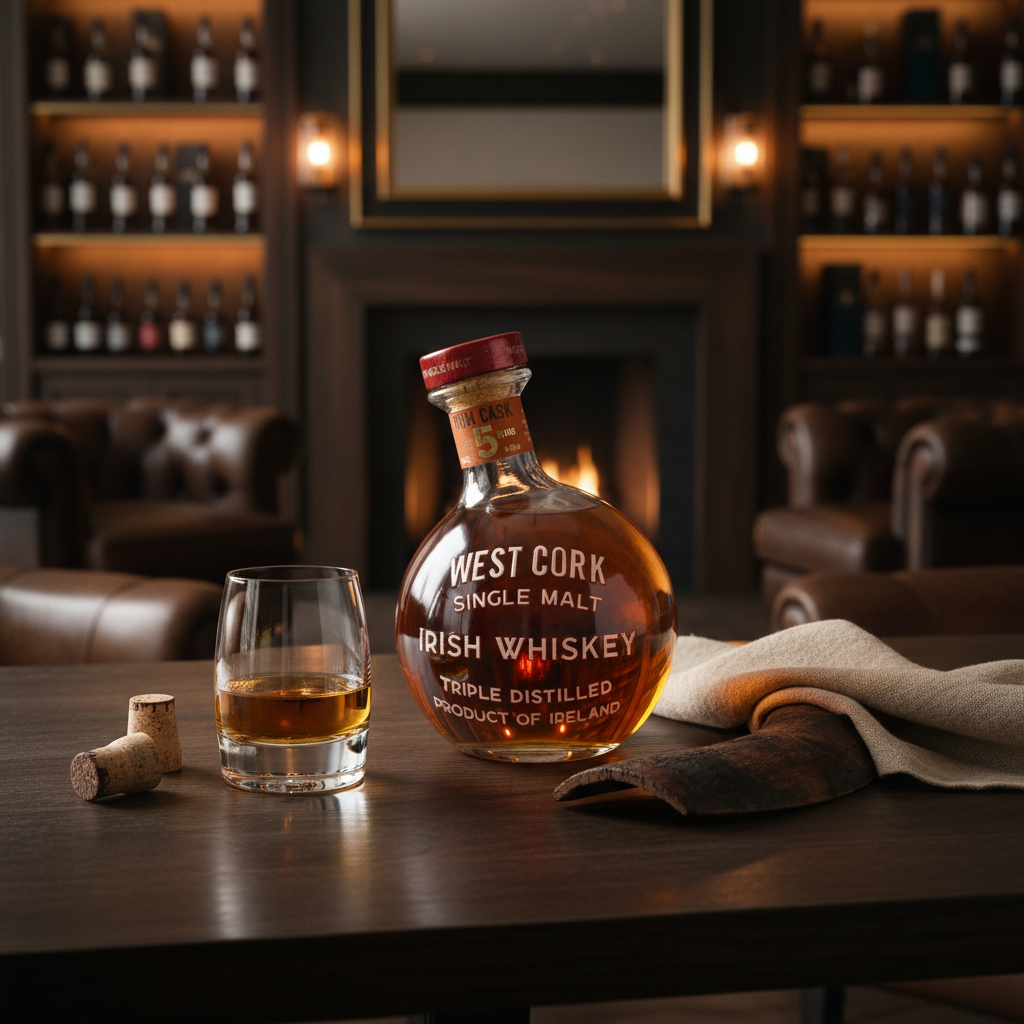Schwarzbach Spirits West Cork Maritime 5 Jahre Rum Cask Whiskey Flasche mit Glas vor einem Kamin