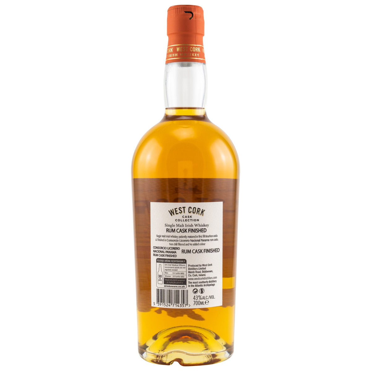 Schwarzbach Spirits West Cork Single Malt Irish Whiskey bottle with rum cask finish label, 43% vol, 700ml.