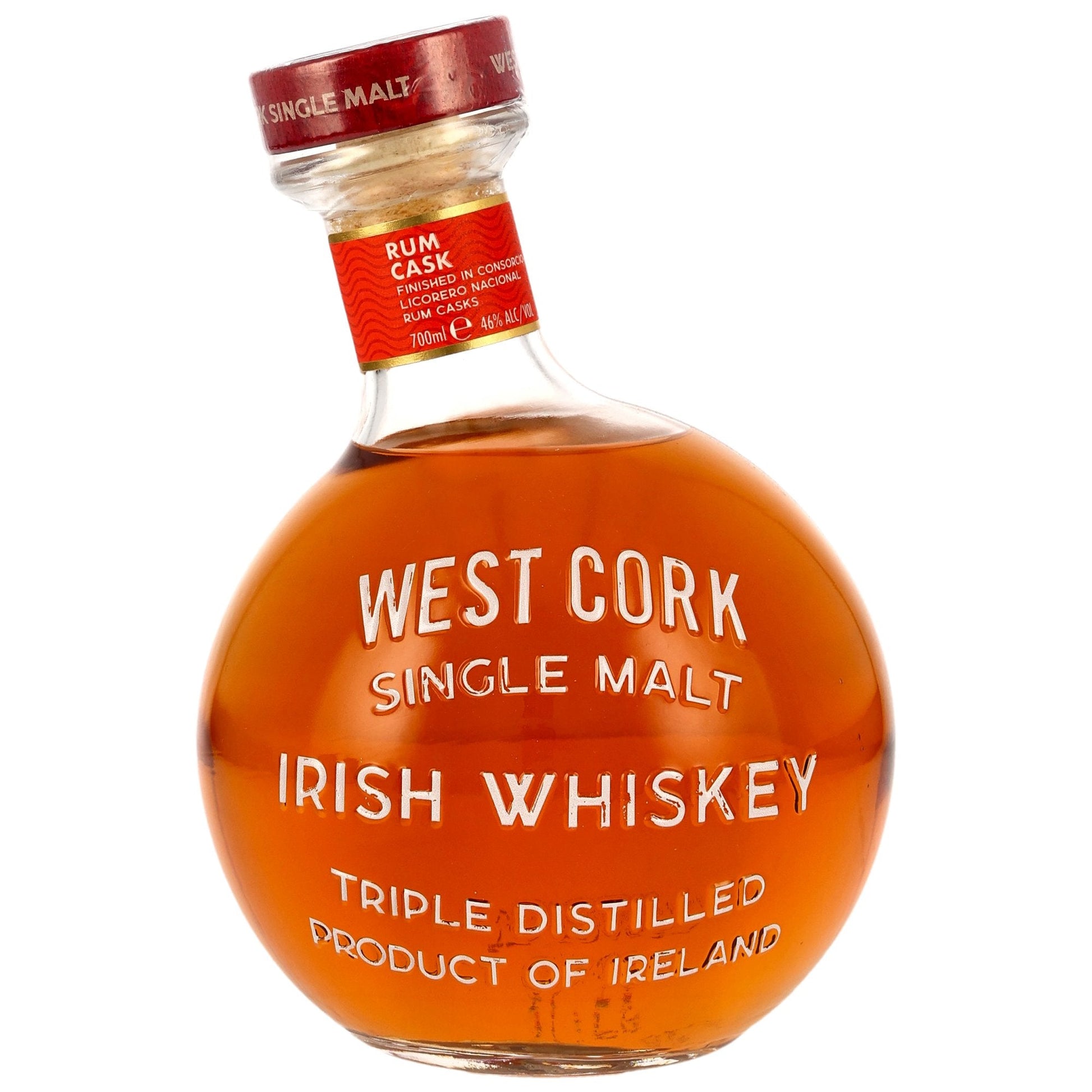 Schwarzbach Spirits bottle of West Cork Maritime Rum Cask Finished Irish Single Malt Whiskey with a round glass design