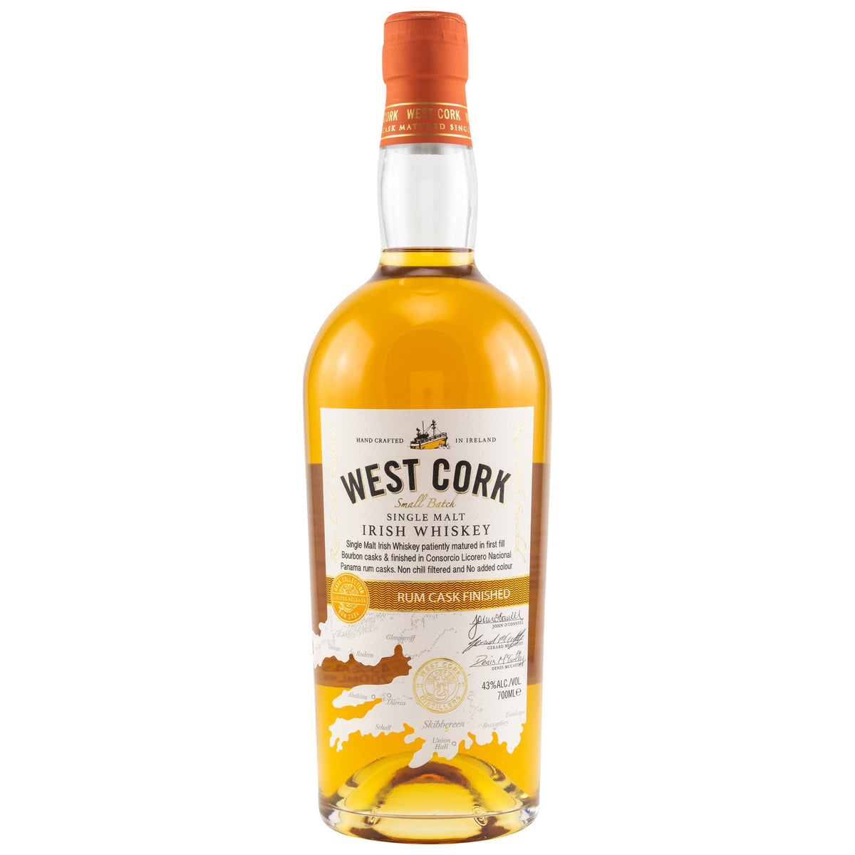 Schwarzbach Spirits West Cork Single Malt Irish Whiskey with a rum cask finish in a clear glass bottle
