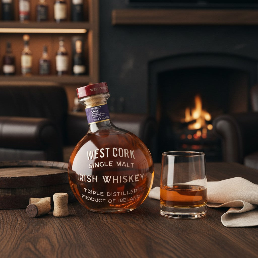 Schwarzbach Spirits bottle of West Cork Maritime Sherry Cask Irish Whiskey with a glass on a wooden table by a fireplace