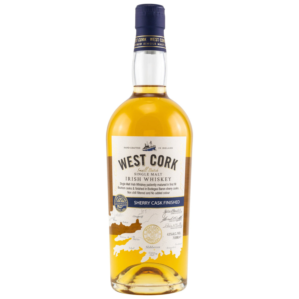 Schwarzbach Spirits West Cork Single Malt Irish Whiskey with a sherry cask finish in a clear glass bottle