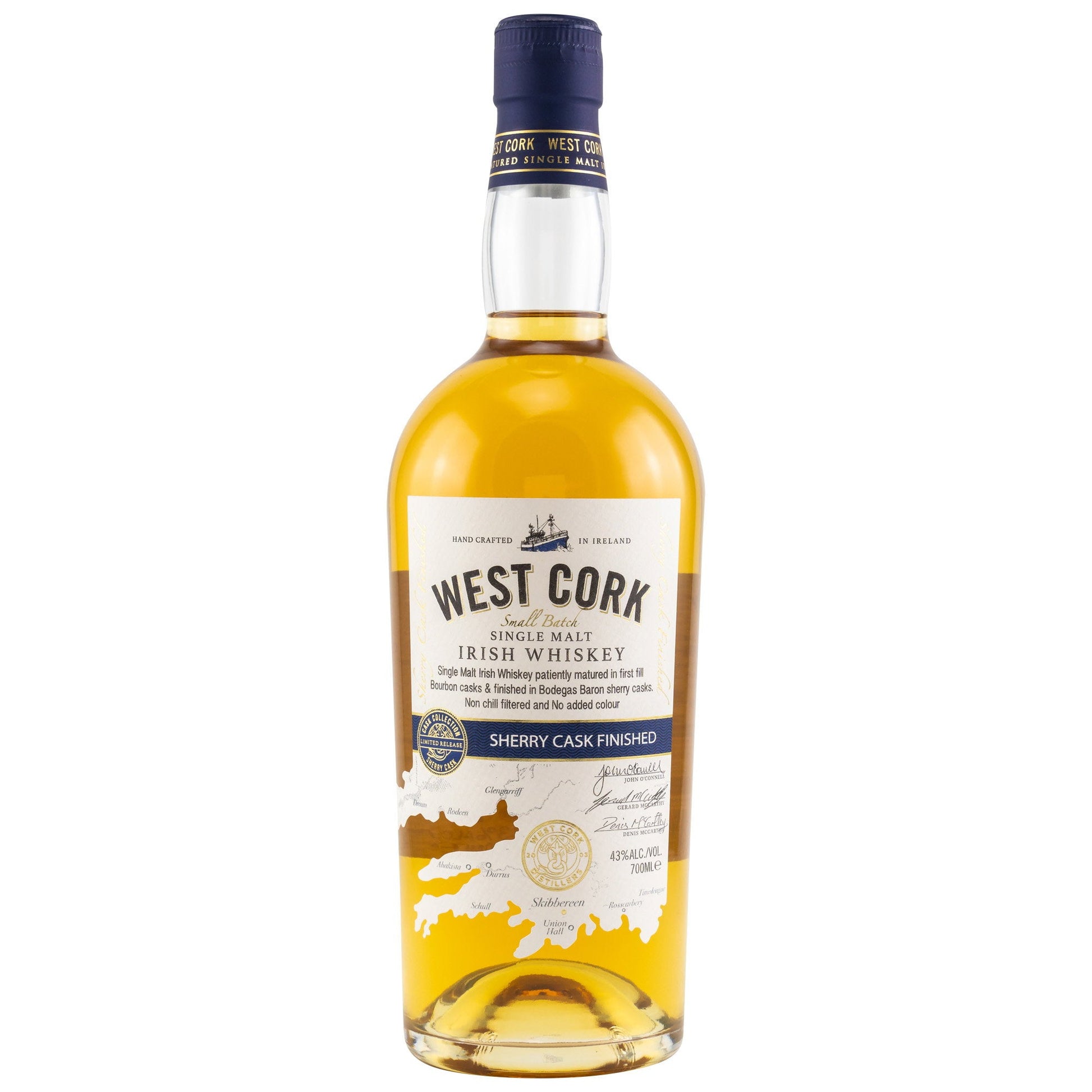 Schwarzbach Spirits West Cork Single Malt Irish Whiskey with a sherry cask finish in a clear glass bottle