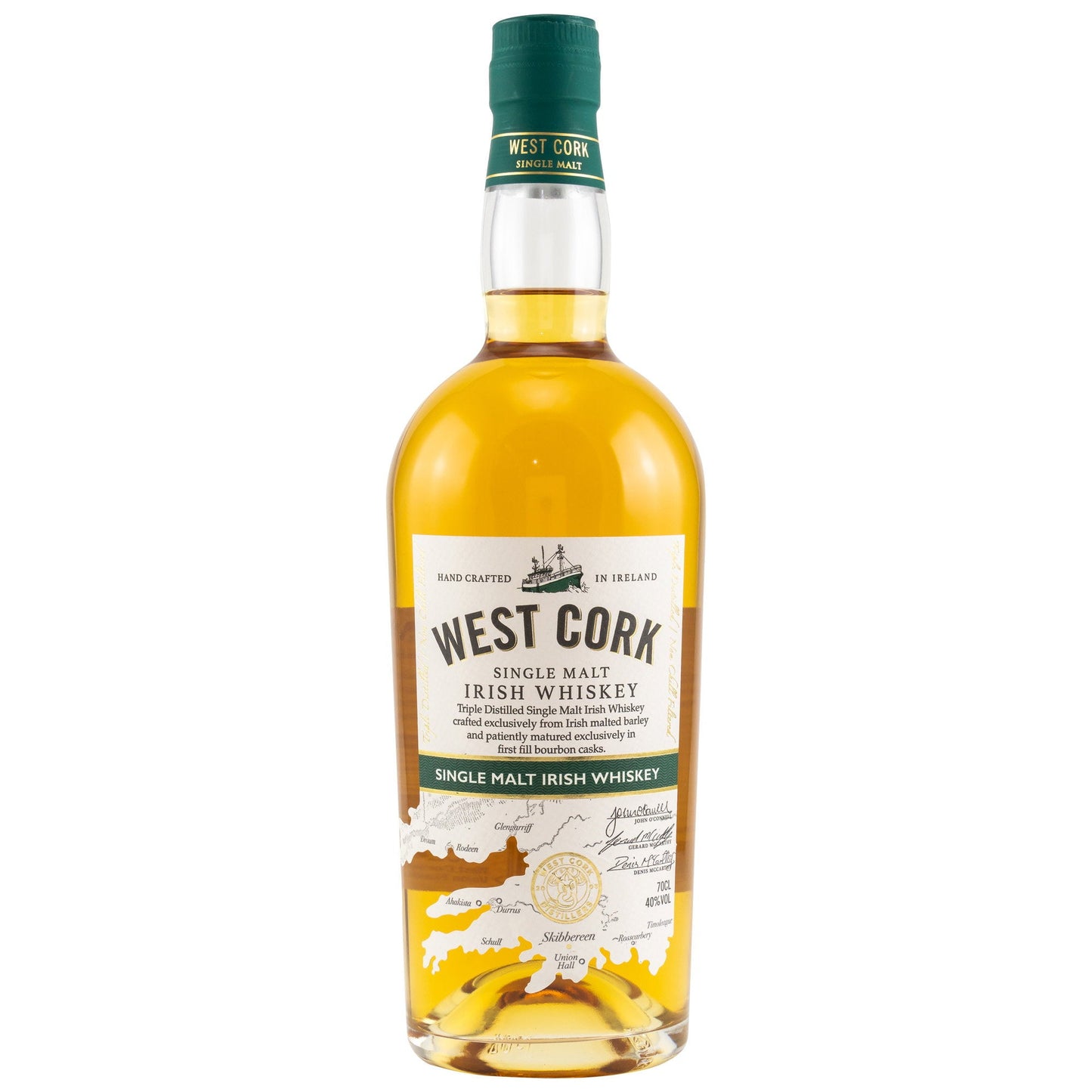 Schwarzbach Spirits West Cork Single Malt Irish Whiskey bottle with green cap and cream label on white background