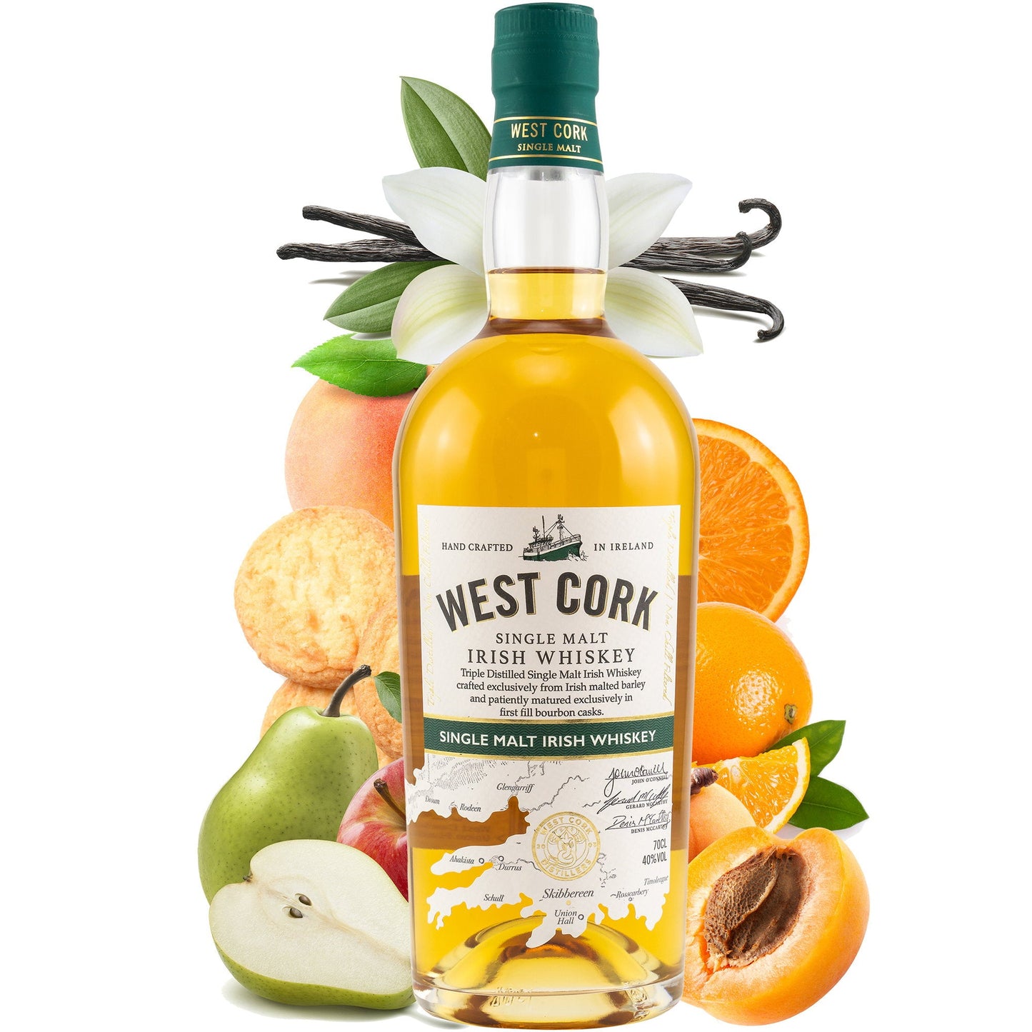 Schwarzbach Spirits West Cork Single Malt Irish Whiskey bottle surrounded by fresh pear, apricot, orange, and vanilla.