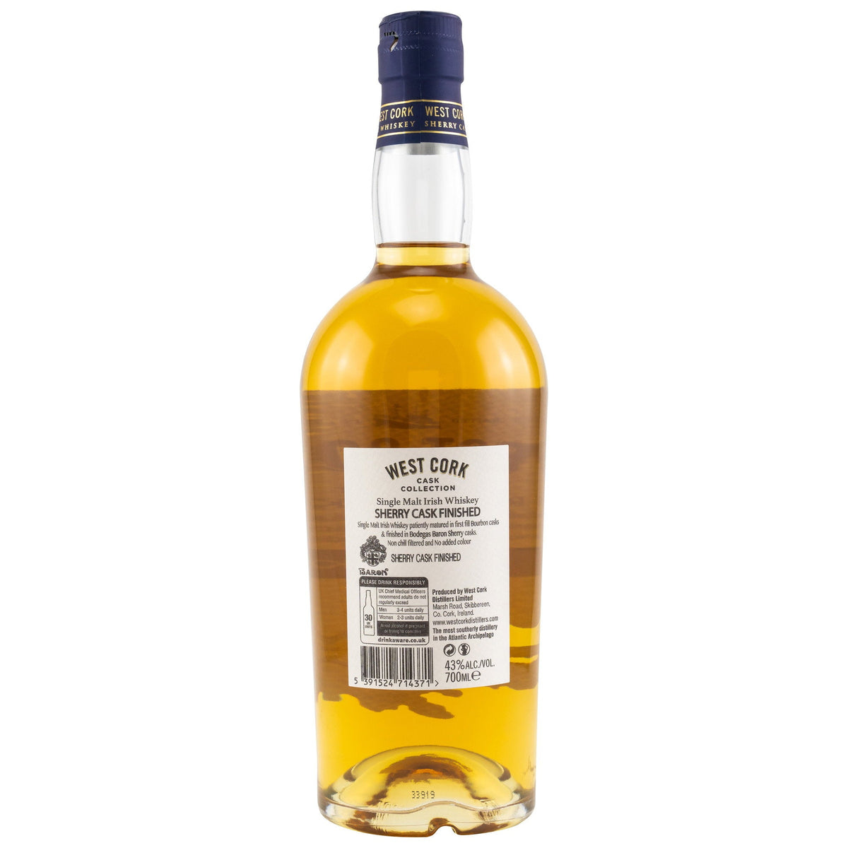 Schwarzbach Spirits West Cork Single Malt Irish Whiskey bottle back label showing sherry cask finish details