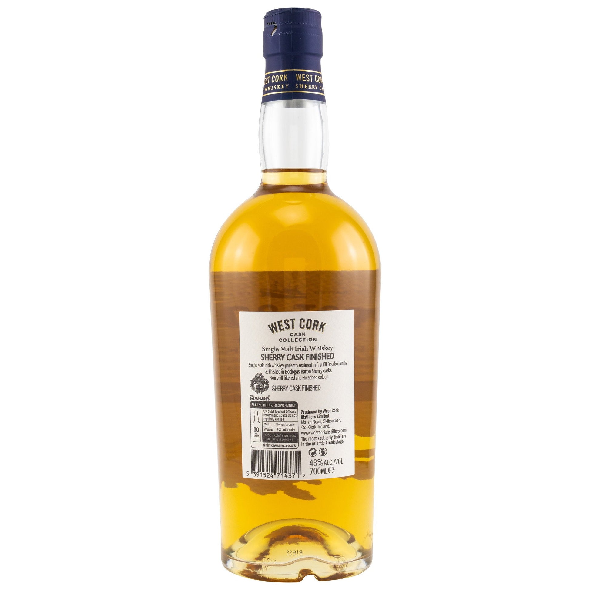 Schwarzbach Spirits West Cork Single Malt Irish Whiskey bottle back label showing sherry cask finish details