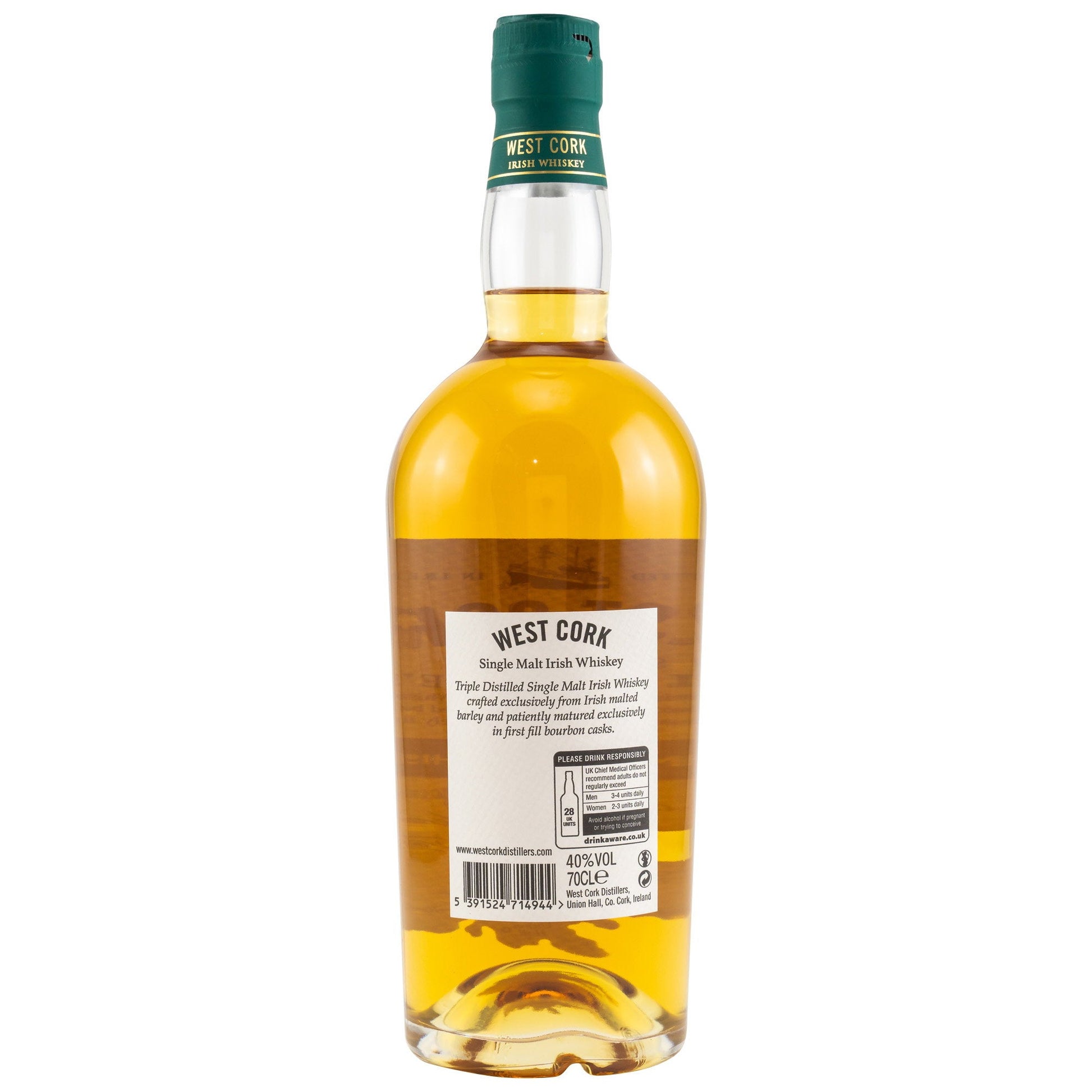 Schwarzbach Spirits West Cork Single Malt Irish Whiskey bottle showing the back label with product details.