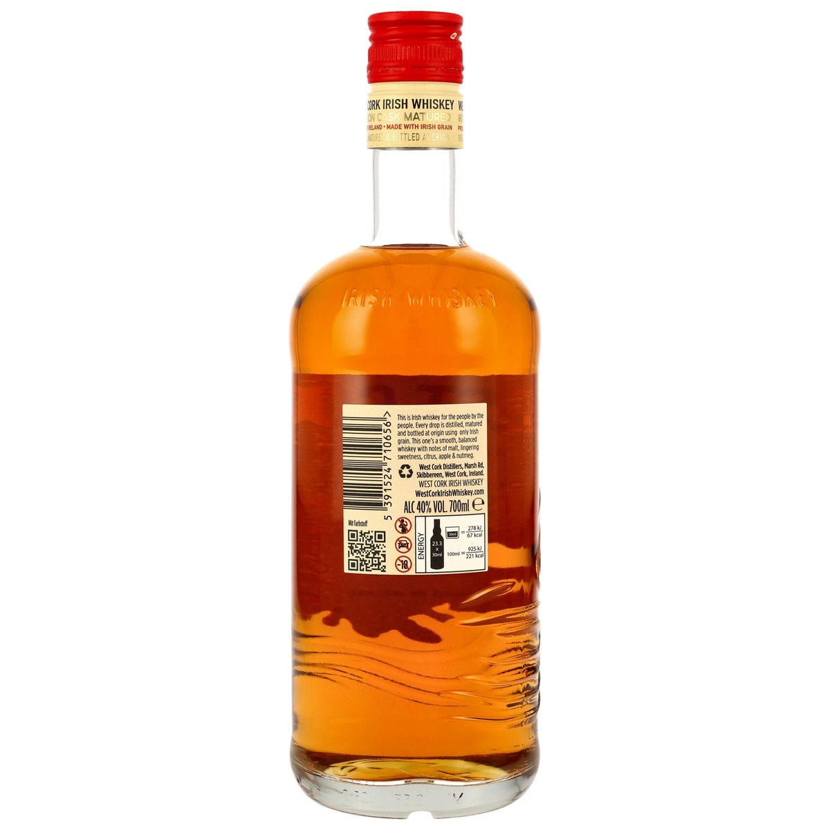 Schwarzbach Spirits West Cork 5 Year Old Irish Whiskey bottle, back view showing label details and amber liquid.