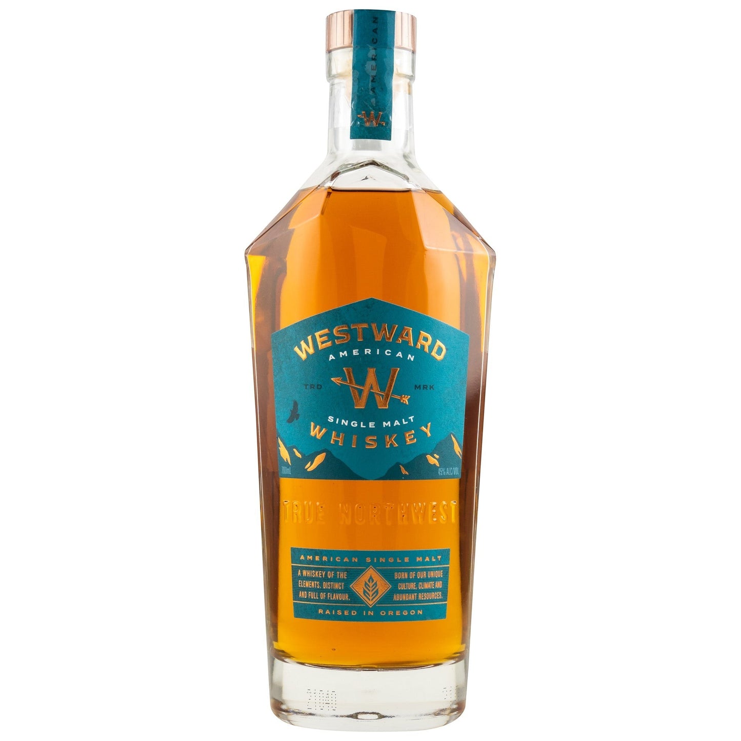 Schwarzbach Spirits Westward American Single Malt Whiskey, 45% Vol., 0.7L. Amber liquid in a geometric glass bottle with a teal blue label featuring gold lettering and bird motifs.