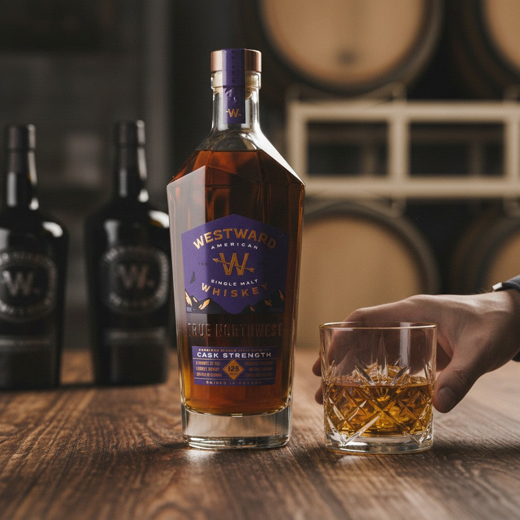 Schwarzbach Spirits Westward Cask Strength Single Malt Whiskey, 62,5% Vol., bernsteinfarben in einer geometrischen Flasche mit lila Etikett.