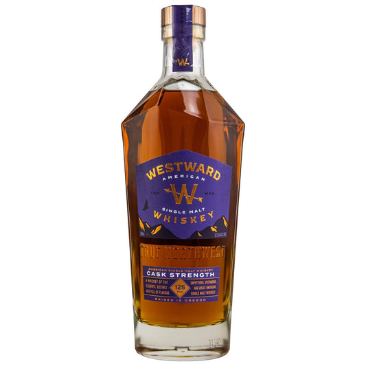 Schwarzbach Spirits Westward American Single Malt Whiskey Cask Strength, 62,5% Vol., bernsteinfarben in markanter Flasche mit lila Etikett.