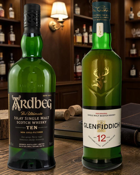 Schwarzbach Spirits Whisky Bundle mit Ardbeg 10 Jahre und Glenfiddich 12 Jahre auf einem Holztisch in einer Bar.