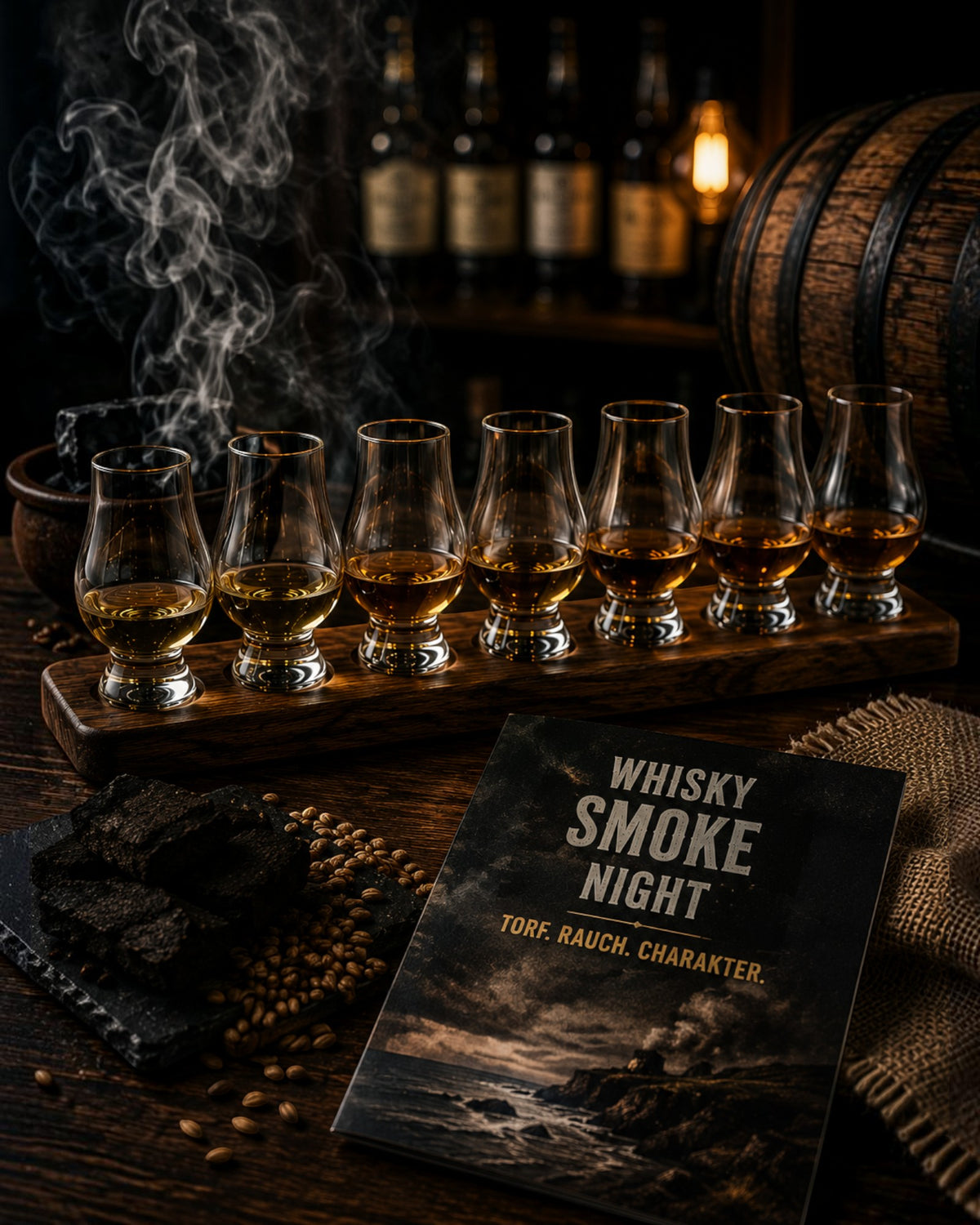 Schwarzbach Spirits Whisky Smoke Night Tasting mit sechs rauchigen Single Malts in Nosing-Gläsern auf Holzbrett
