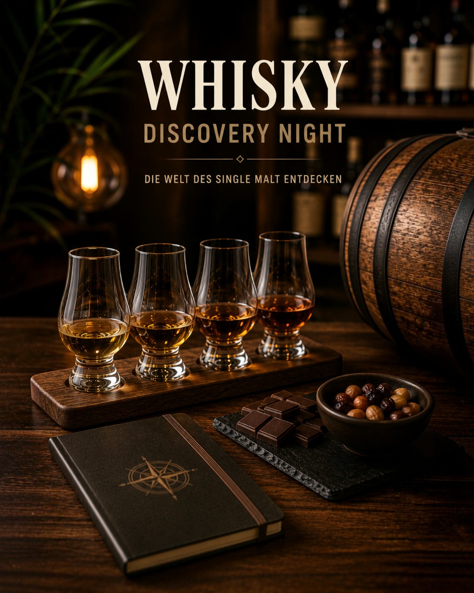 Schwarzbach Spirits Whisky Discovery Night Tasting mit vier Gläsern Single Malt, Holzfass, Schokolade und Notizbuch.