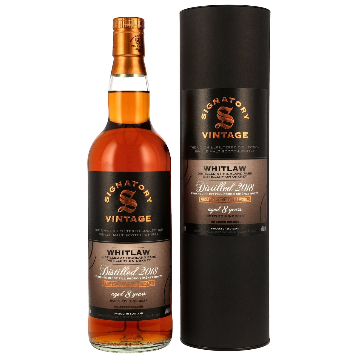 Schwarzbach Spirits Whitlaw 8 Jahre Single Malt Whisky mit Signatory Vintage Flasche und schwarzer Geschenkverpackung