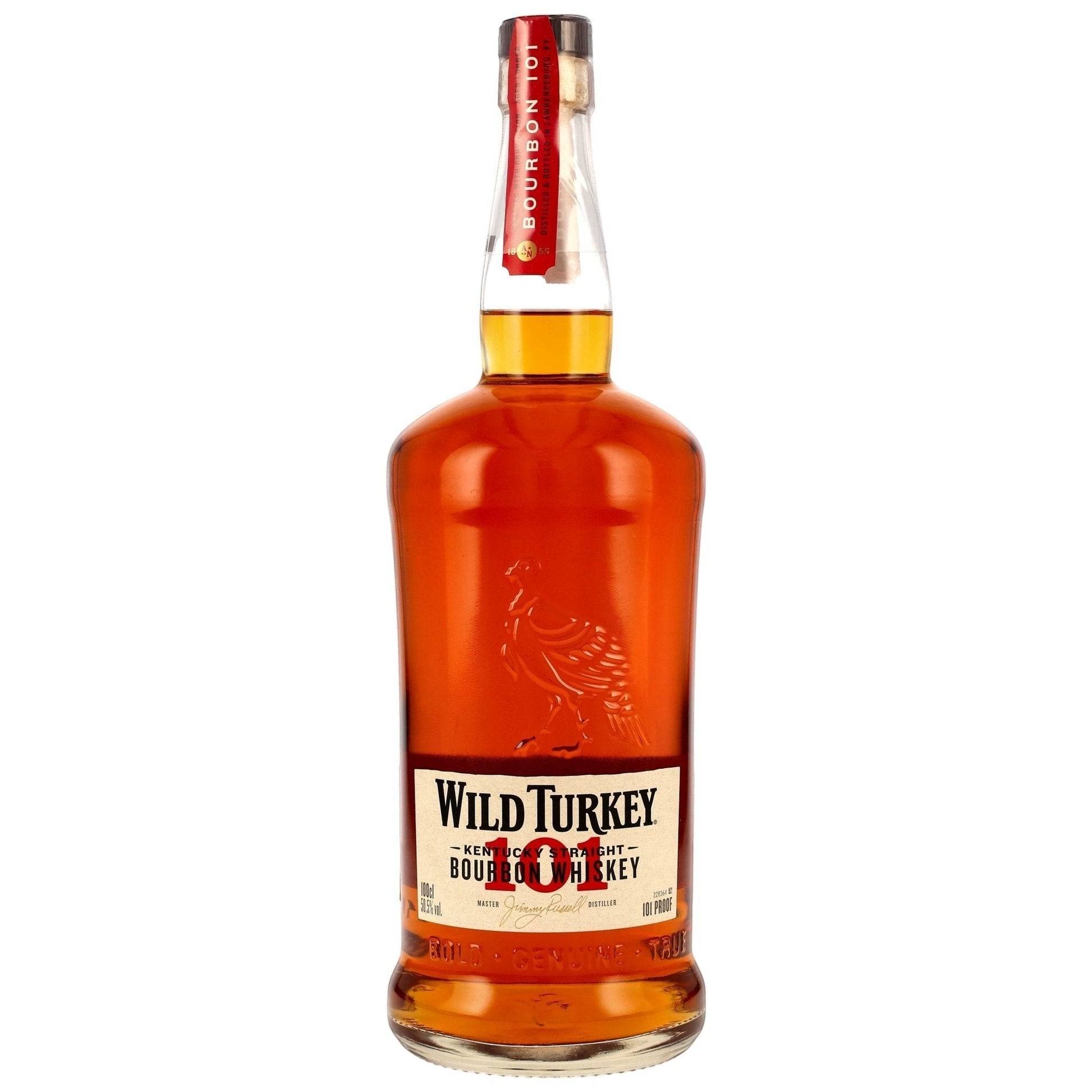 Schwarzbach Spirits: Wild Turkey 101 Kentucky Straight Bourbon Whiskey in einer Literflasche mit 50,5% Vol. und dem charakteristischen Truthahn-Embossing.