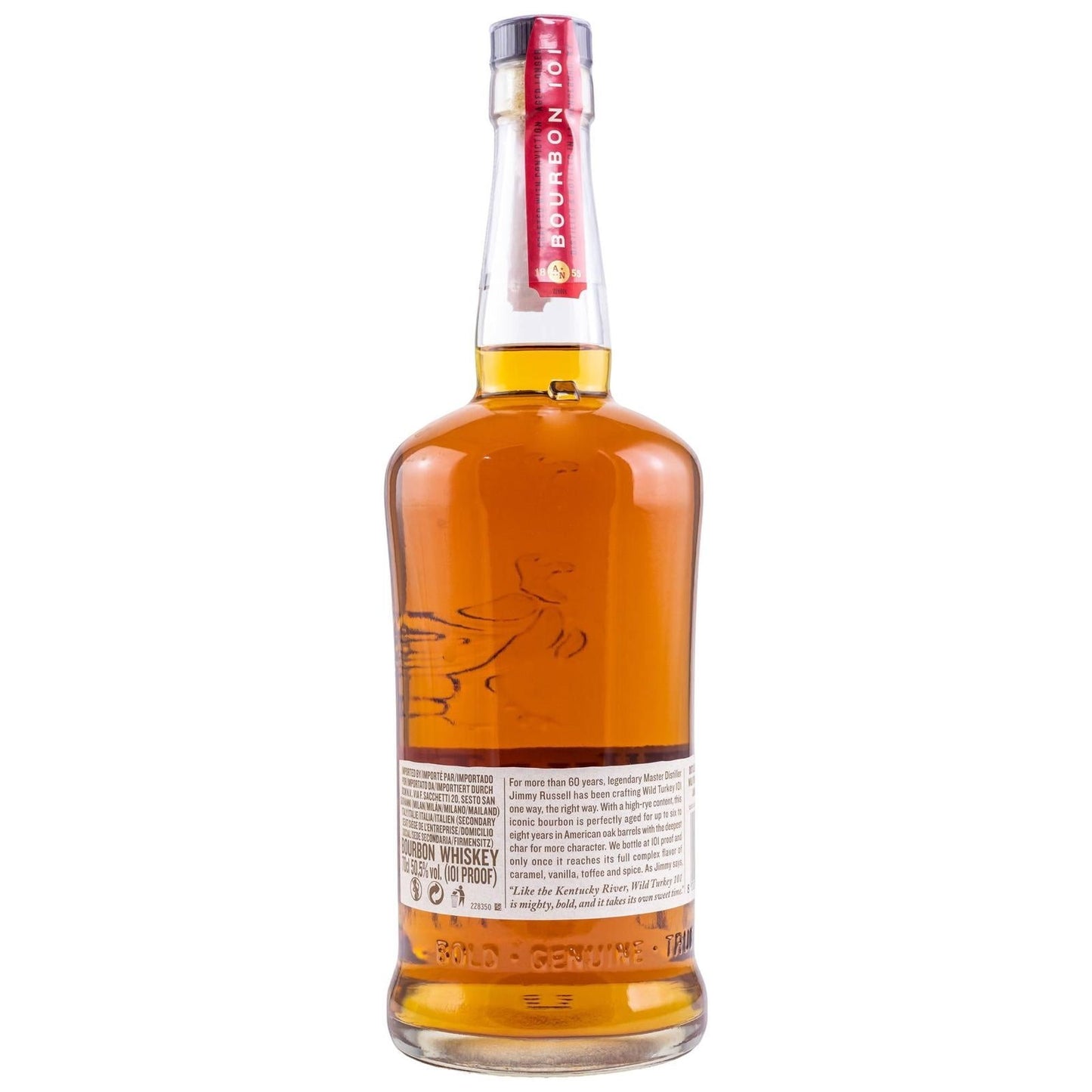 Schwarzbach Spirits: Flasche Wild Turkey 101 Kentucky Straight Bourbon Whiskey, 50,5% Vol., bernsteinfarben, mit rotem Etikett am Flaschenhals.
