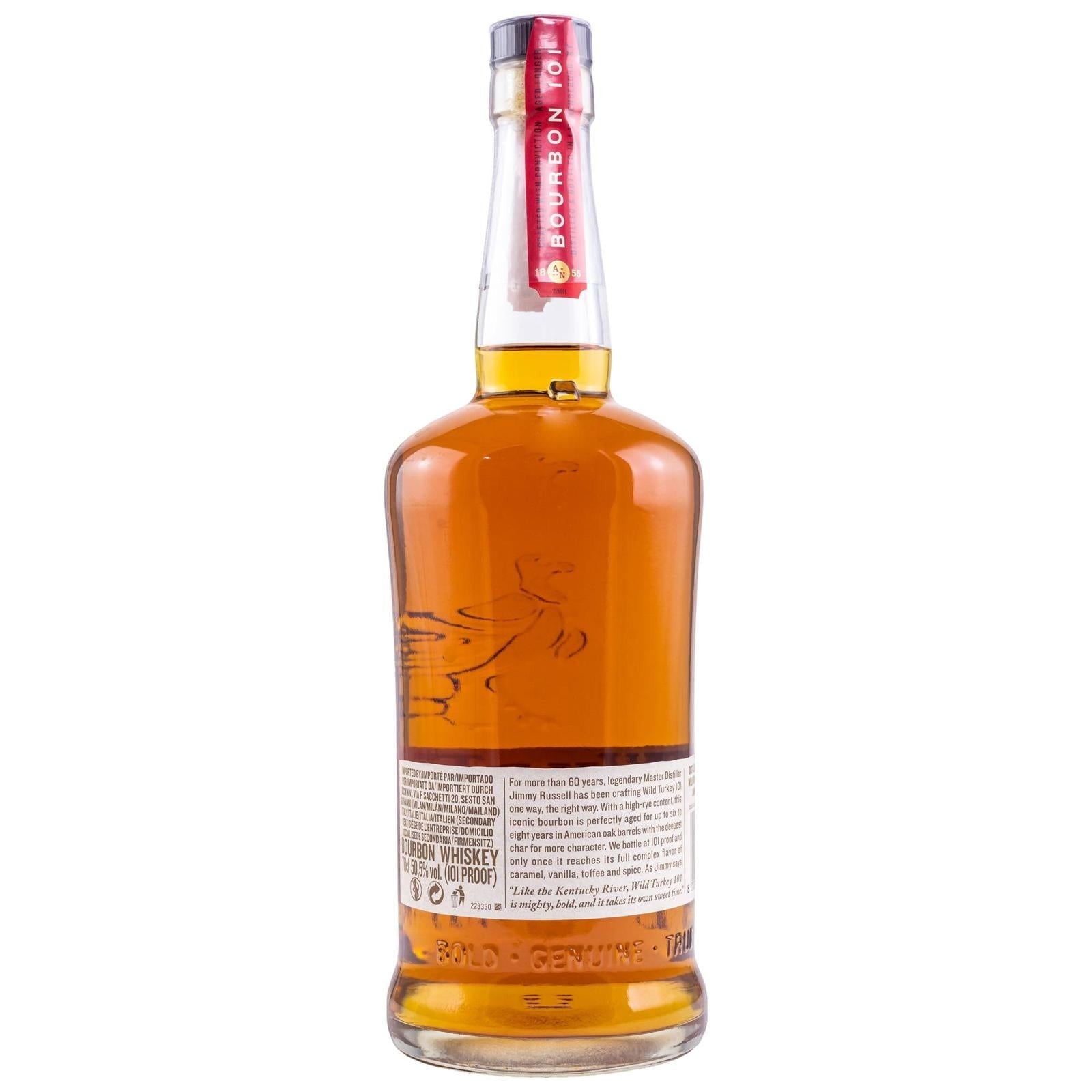 Schwarzbach Spirits: Flasche Wild Turkey 101 Kentucky Straight Bourbon Whiskey, 50,5% Vol., bernsteinfarben, mit rotem Etikett am Flaschenhals.