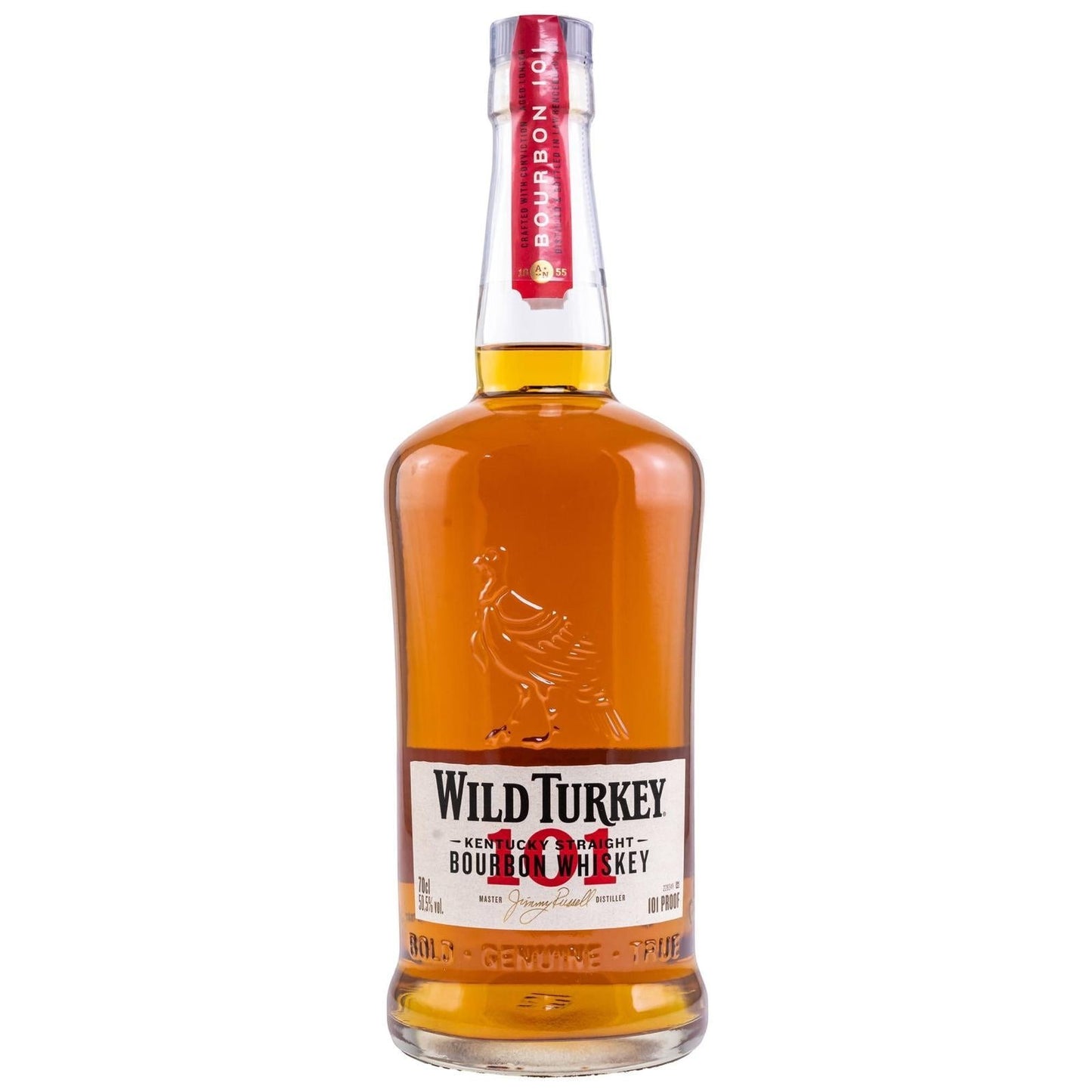 Schwarzbach Spirits: Wild Turkey 101 Kentucky Straight Bourbon Whiskey, 50,5% Vol. in Glasflasche mit Truthahn-Prägung.